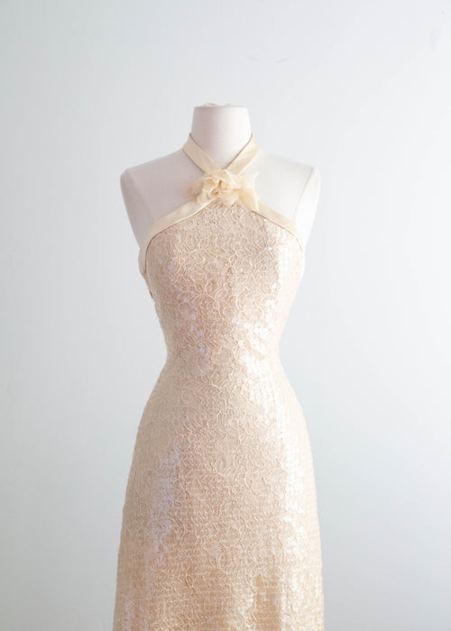 Stunning 1990's Shimmering Sequined Lace & Silk Chiffon Evening Gown / SM