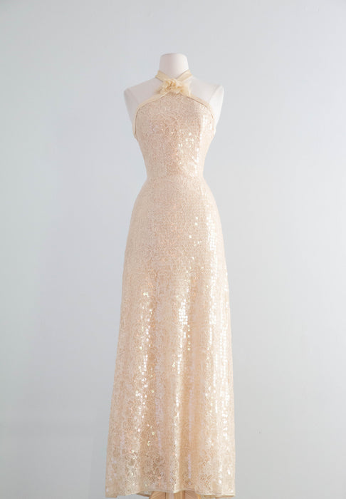 Stunning 1990's Shimmering Sequined Lace & Silk Chiffon Evening Gown / SM