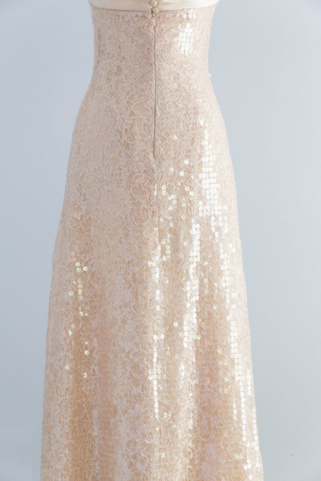 Stunning 1990's Shimmering Sequined Lace & Silk Chiffon Evening Gown / SM