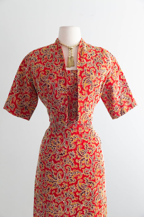 Glamorous Late 1950's Christian Dior Originals Scarlet Demi Couture Corded Lace Cocktail Dress & Matching Jacket / SM