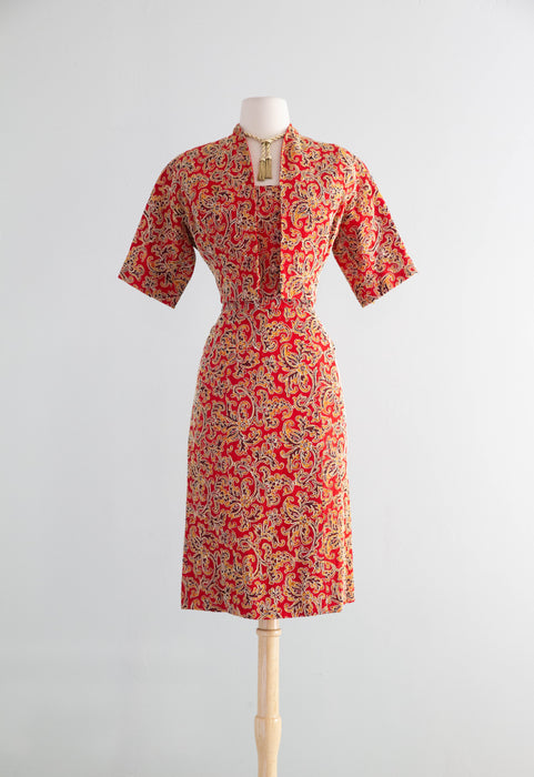 Glamorous Late 1950's Christian Dior Originals Scarlet Demi Couture Corded Lace Cocktail Dress & Matching Jacket / SM