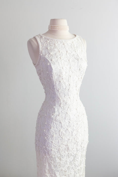 Stunning 1990's Pearl Embellished Ivory Sheath Gown / Small