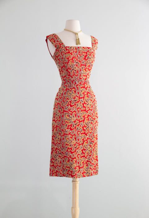 Glamorous Late 1950's Christian Dior Originals Scarlet Demi Couture Corded Lace Cocktail Dress & Matching Jacket / SM