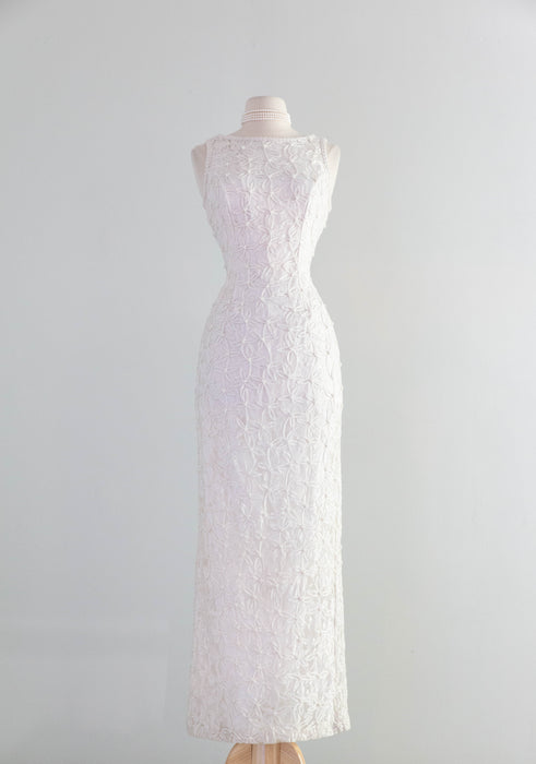 Stunning 1990's Pearl Embellished Ivory Sheath Gown / Small