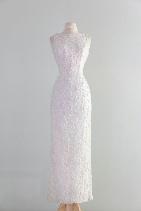 Stunning 1990's Pearl Embellished Ivory Sheath Gown / Small
