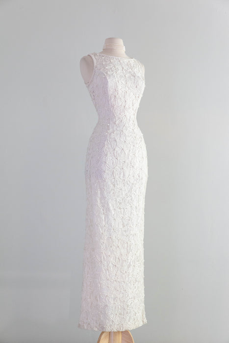 Stunning 1990's Pearl Embellished Ivory Sheath Gown / Small