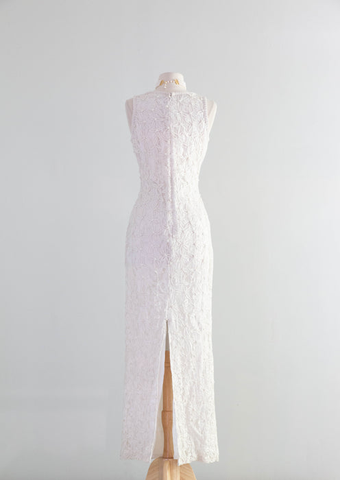 Stunning 1990's Pearl Embellished Ivory Sheath Gown / Small