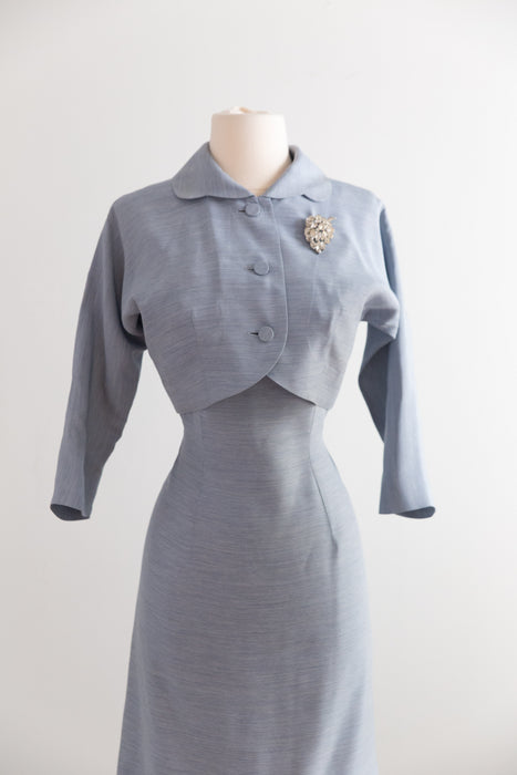 Adorable 1950's Blue Wiggle Dress With Bow & Matching Jacket / S