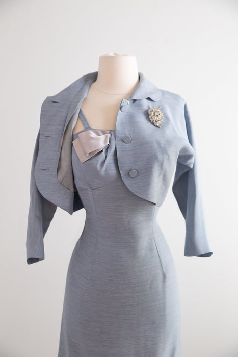 Adorable 1950's Blue Wiggle Dress With Bow & Matching Jacket / S