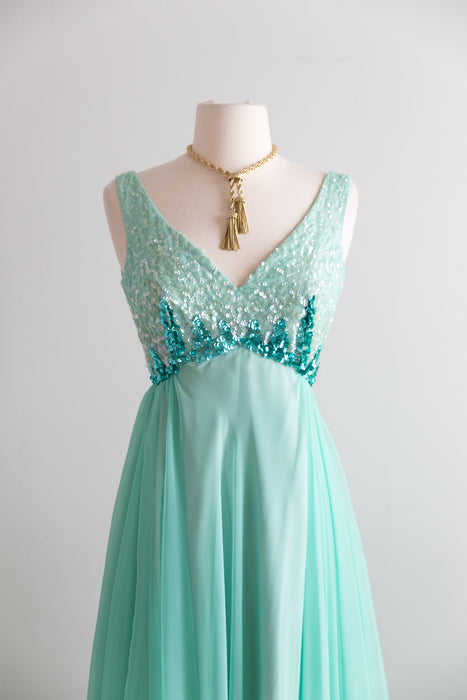 Stunning 1960's Sea Glass Sequined Chiffon Evening Gown / S