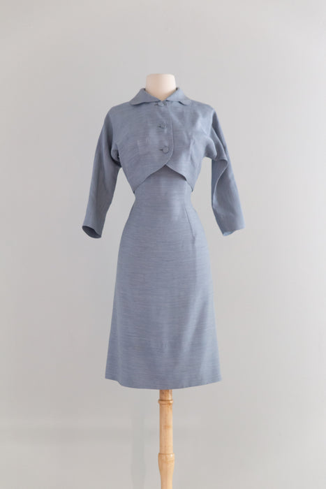 Adorable 1950's Blue Wiggle Dress With Bow & Matching Jacket / S