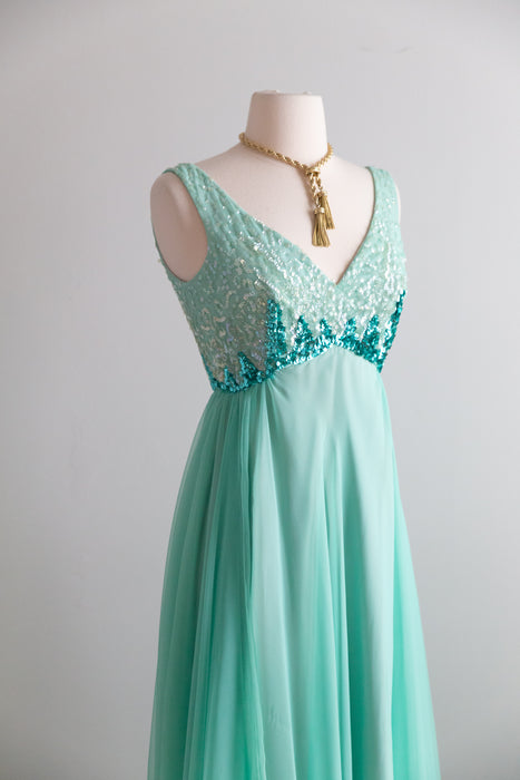 Stunning 1960's Sea Glass Sequined Chiffon Evening Gown / S