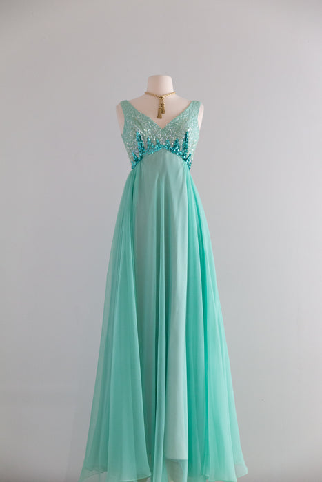 Stunning 1960's Sea Glass Sequined Chiffon Evening Gown / S