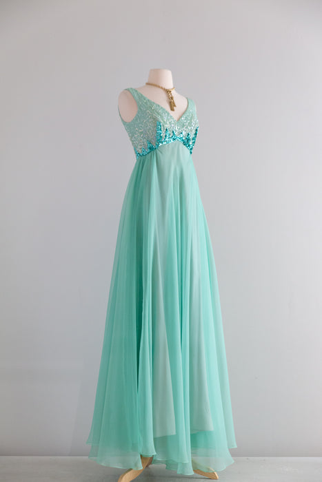 Stunning 1960's Sea Glass Sequined Chiffon Evening Gown / S