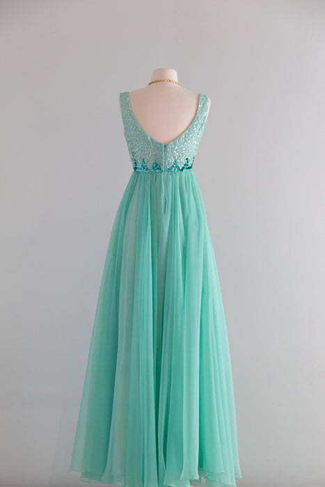 Stunning 1960's Sea Glass Sequined Chiffon Evening Gown / S