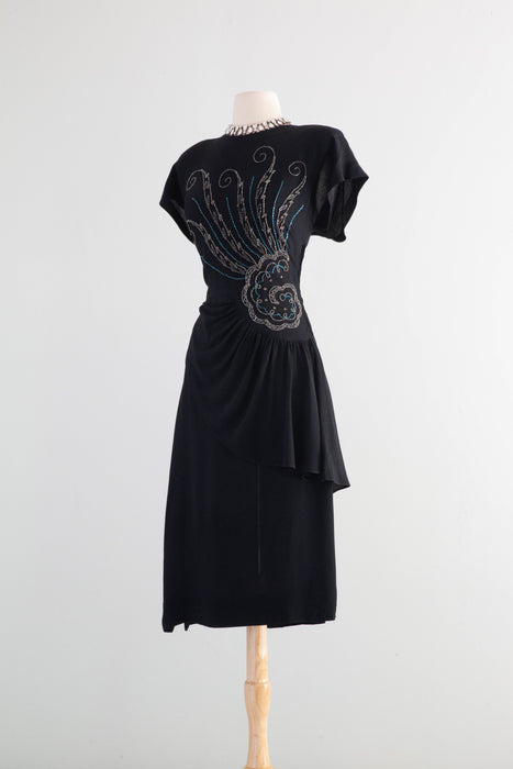 Stunning 1940's Rayon Crepe Cocktail Dress With Radiant Beading / Medium