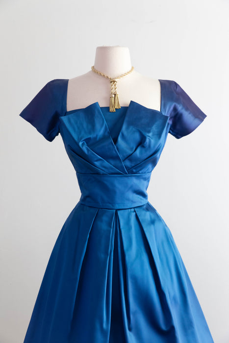 Gorgeous 1950's Sapphire Blue Satin Party Dress / Small