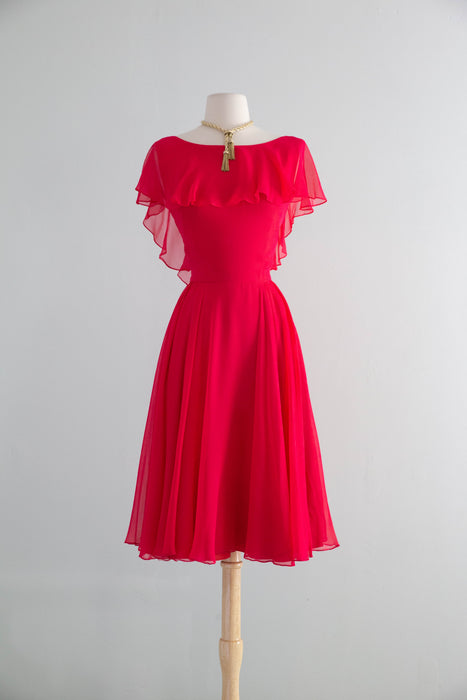 Fabulous Early 1960's Camellia Pink Silk Chiffon Party Dress By Shannon Rodgers / SM