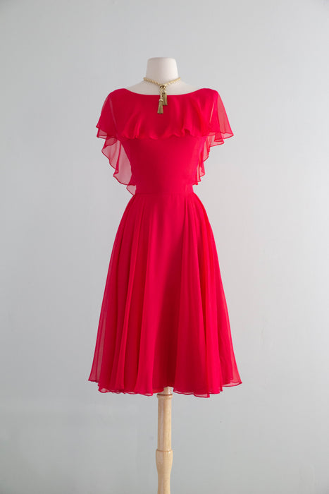 Fabulous Early 1960's Camellia Pink Silk Chiffon Party Dress By Shannon Rodgers / SM