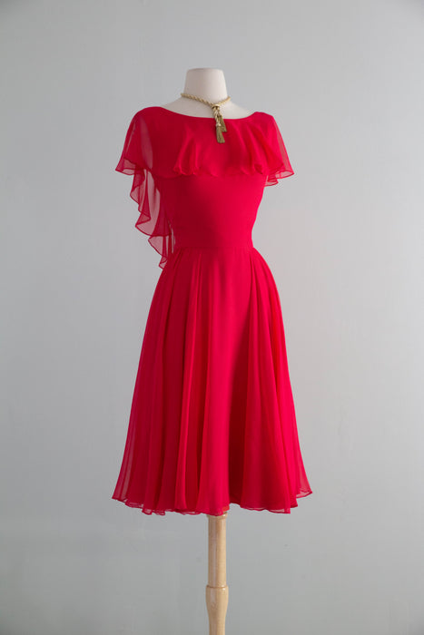 Fabulous Early 1960's Camellia Pink Silk Chiffon Party Dress By Shannon Rodgers / SM