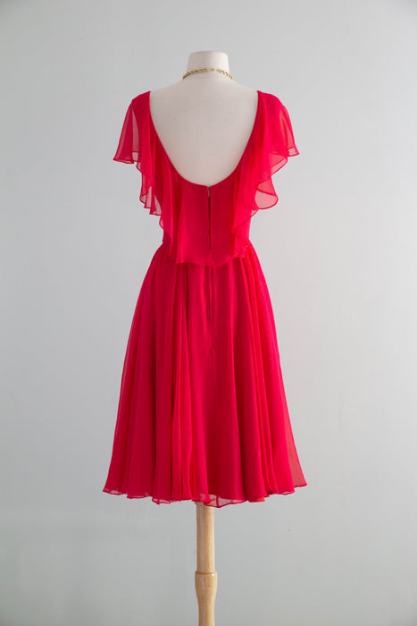Fabulous Early 1960's Camellia Pink Silk Chiffon Party Dress By Shannon Rodgers / SM