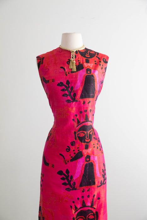 Fabulous 1960's Silk Shift Dress With Block Print Queen Motif / ML