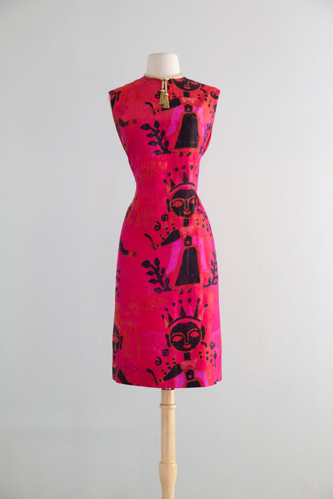 Fabulous 1960's Silk Shift Dress With Block Print Queen Motif / ML