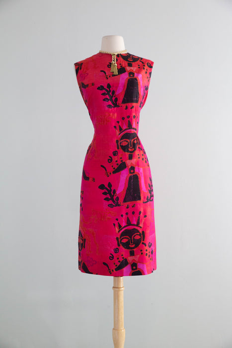 Fabulous 1960's Silk Shift Dress With Block Print Queen Motif / ML
