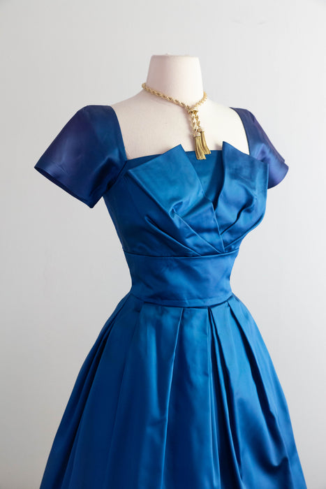Gorgeous 1950's Sapphire Blue Satin Party Dress / Small