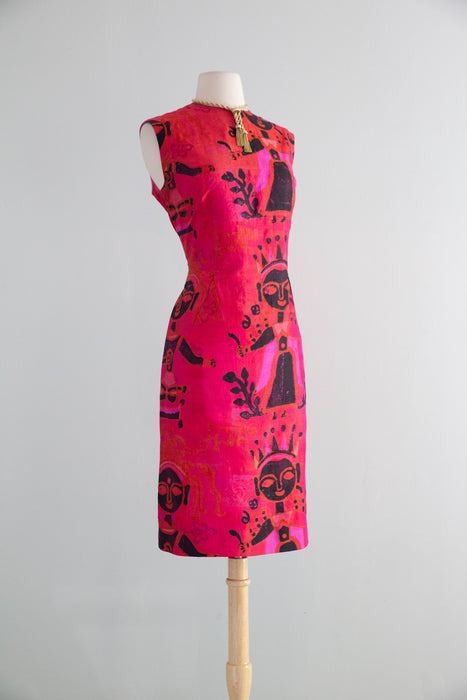 Fabulous 1960's Silk Shift Dress With Block Print Queen Motif / ML