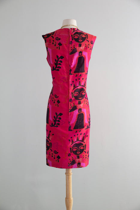 Fabulous 1960's Silk Shift Dress With Block Print Queen Motif / ML