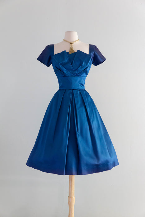 Gorgeous 1950's Sapphire Blue Satin Party Dress / Small  Xtabay Vintage
