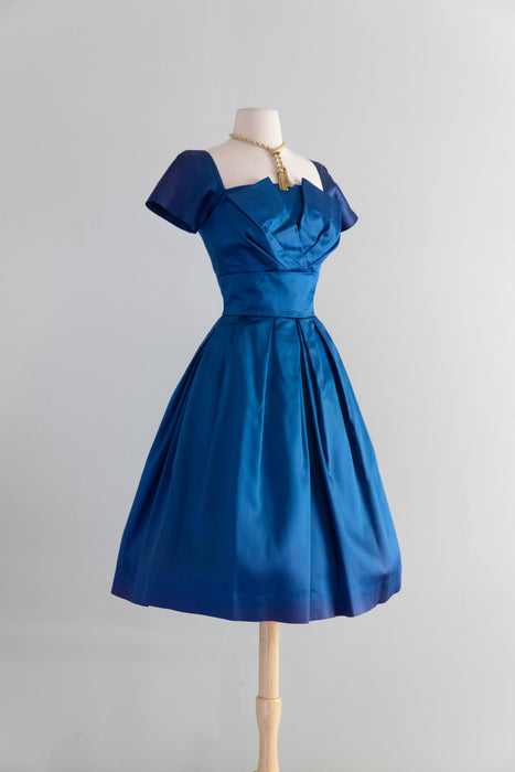 Gorgeous 1950's Sapphire Blue Satin Party Dress / Small