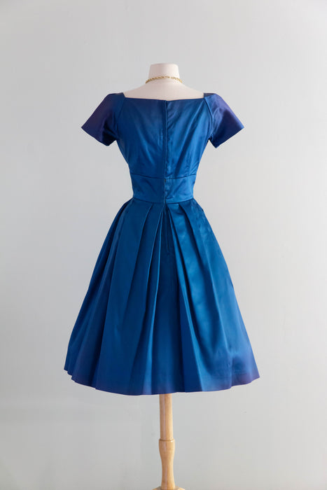 Gorgeous 1950's Sapphire Blue Satin Party Dress / Small