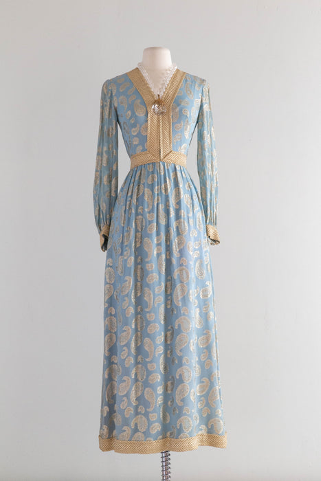 Fabulous Early 1970's Metallic Gold Lame & Pale Blue Chiffon Bohemian Evening Dress / Small