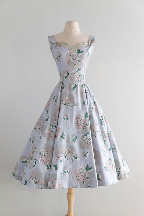 Dreamy 1950's Polished Cotton Hydrangea Print Dress In Mirror Blue / M