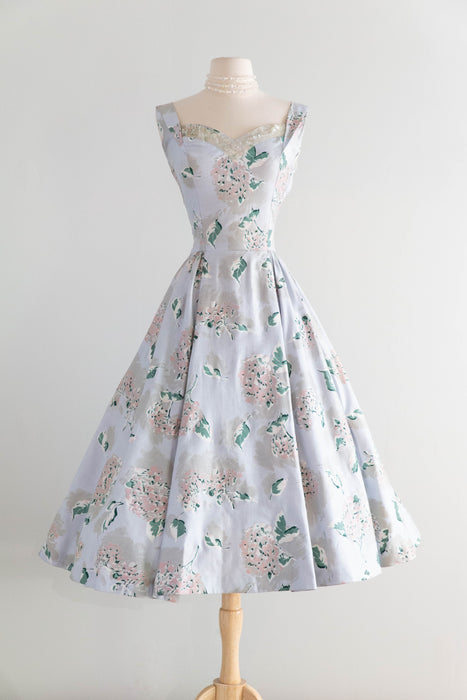 Dreamy 1950's Polished Cotton Hydrangea Print Dress In Mirror Blue / M