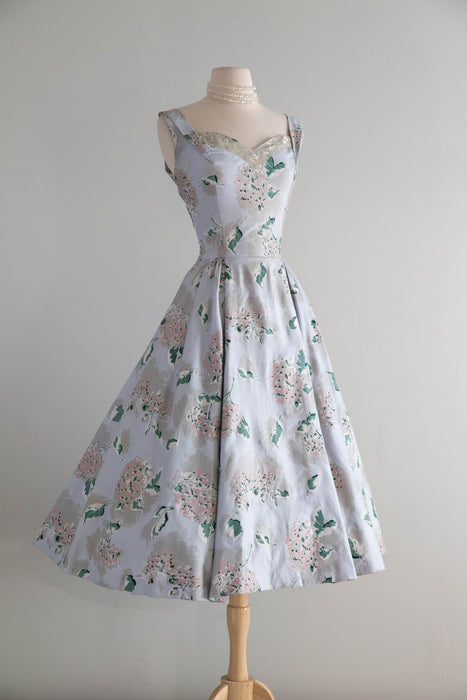 Dreamy 1950's Polished Cotton Hydrangea Print Dress In Mirror Blue / M