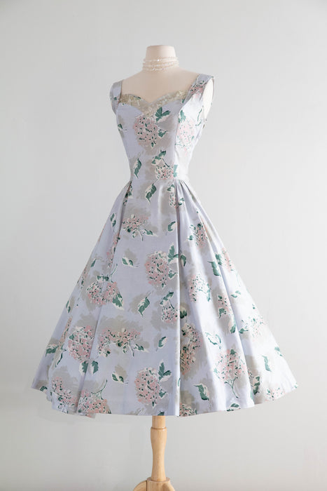 Dreamy 1950's Polished Cotton Hydrangea Print Dress In Mirror Blue / M