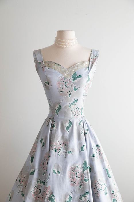 Dreamy 1950's Polished Cotton Hydrangea Print Dress In Mirror Blue / M