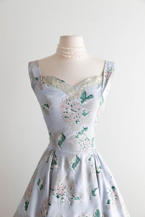 Dreamy 1950's Polished Cotton Hydrangea Print Dress In Mirror Blue / M