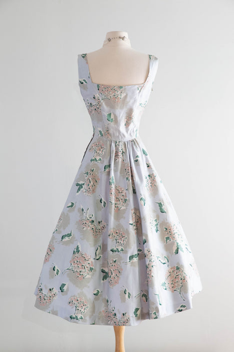 Dreamy 1950's Polished Cotton Hydrangea Print Dress In Mirror Blue / M