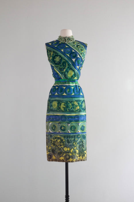 Fabulous 1960's Abstract Ombre Print Occasion Dress By Robert Peters / Medium