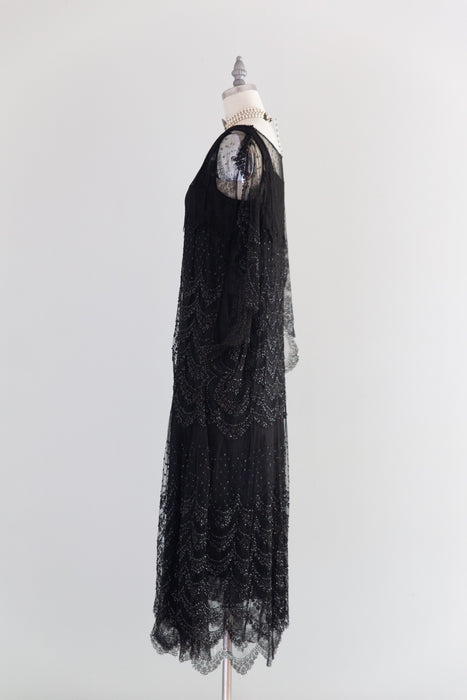 Elegant 1920's Chanel Inspired Black Lace Flapper Dress With Sequins / SM