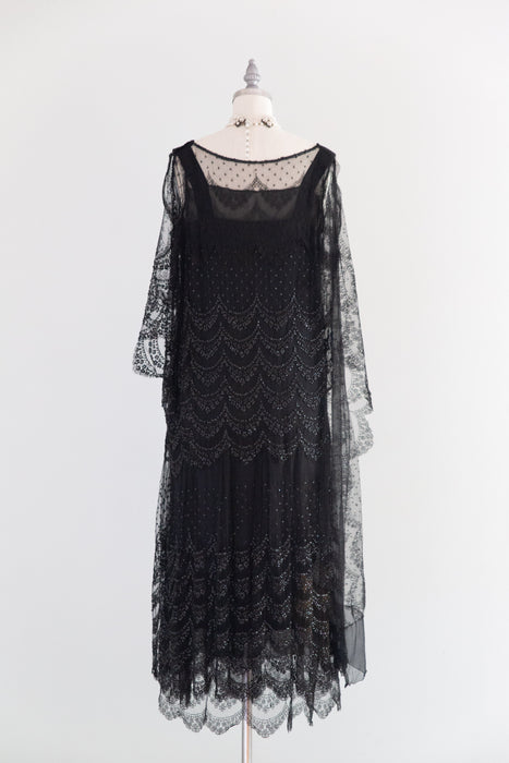 Elegant 1920's Chanel Inspired Black Lace Flapper Dress With Sequins / SM