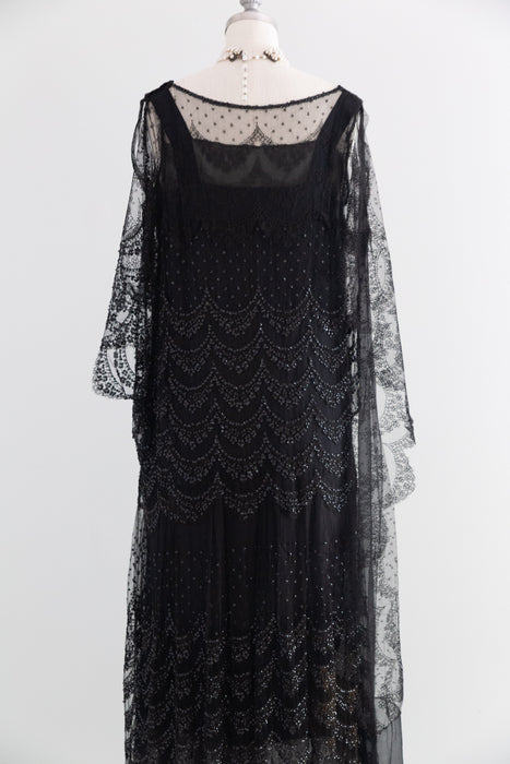 Elegant 1920's Chanel Inspired Black Lace Flapper Dress With Sequins / SM