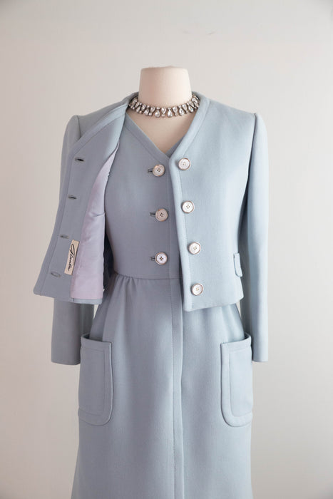 Iconic 1960's Powder Blue Wool Dress & Matching Jacket Set By Ginala / S