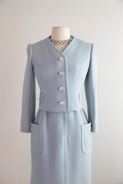 Iconic 1960's Powder Blue Wool Dress & Matching Jacket Set By Ginala / S