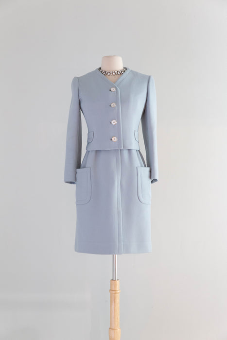 Iconic 1960's Powder Blue Wool Dress & Matching Jacket Set By Ginala / S