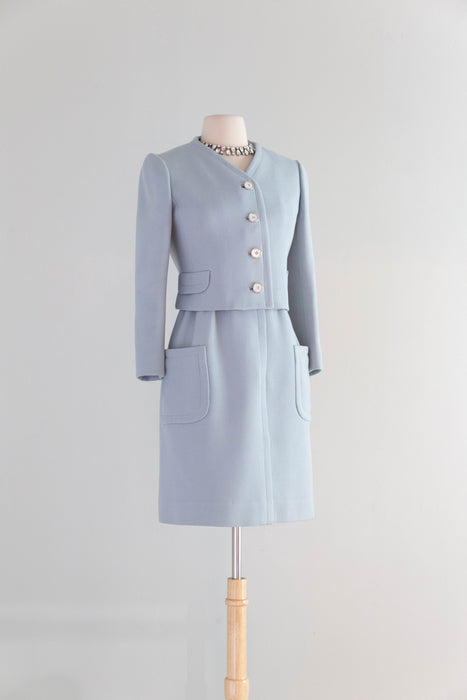 Iconic 1960's Powder Blue Wool Dress & Matching Jacket Set By Ginala / S